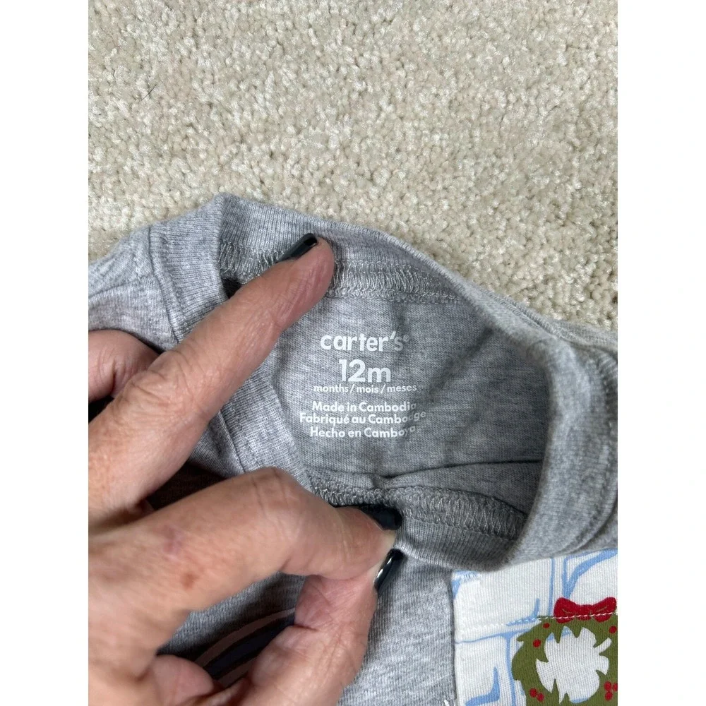 Carter'S Size 12 Month Grey Winter Long Sleeve Tshirt Snowman Lights Christmas
